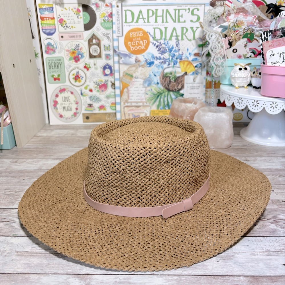 Universal Thread Straw Wide Brim Hat with Pink Band